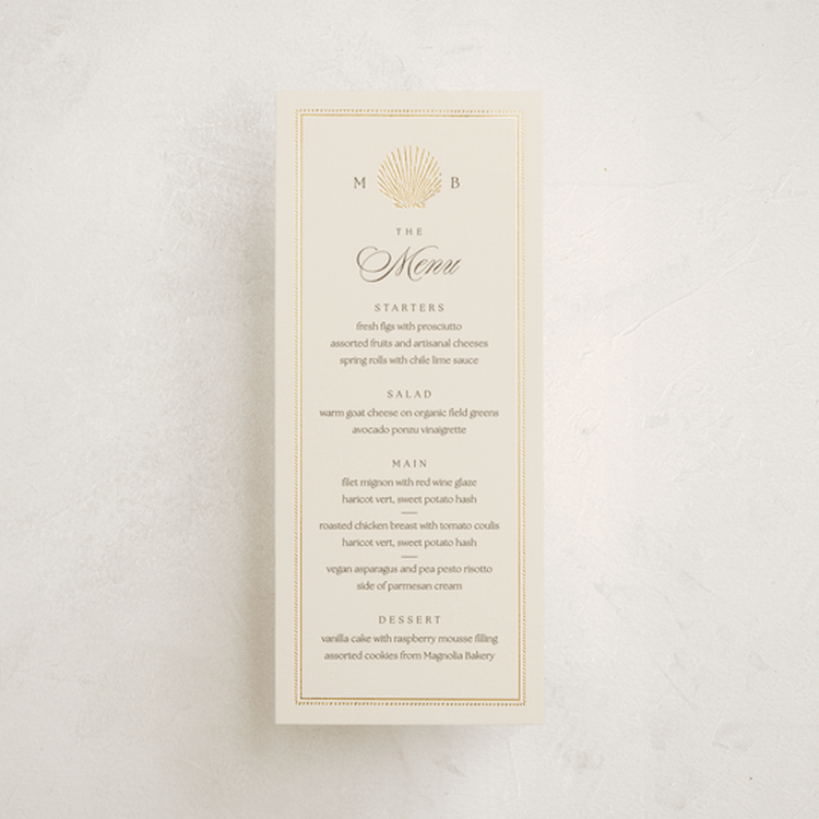 "Seaside" - Foil-Pressed Menus in Champagne by Griffinbell Paper Co. - Front