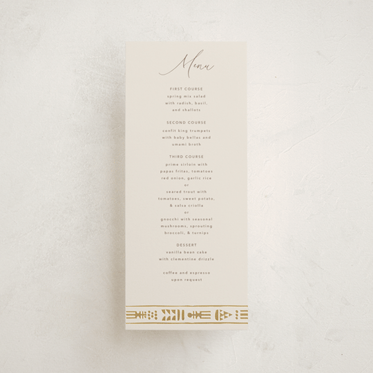 "Cultured Element" - Foil-Pressed Menus in Sahara by David Michuki - Front