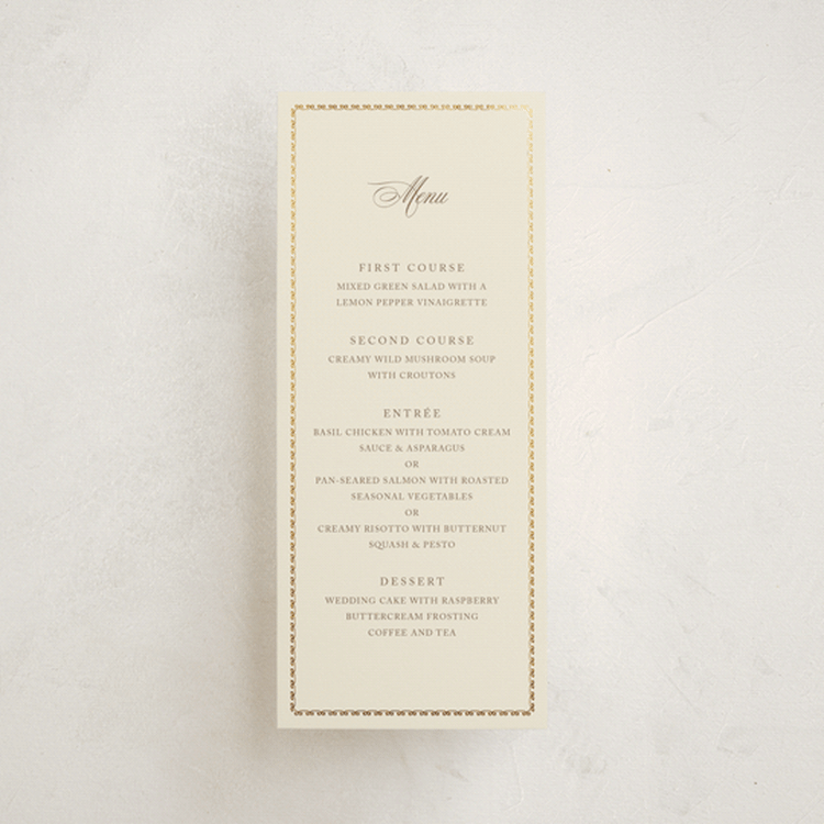 "Ahlum" - Foil-Pressed Menus in Champagne by Deynaaz Daraei - Front