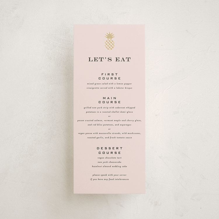 "tropical getaway" - Foil-Pressed Menus in Blush by Laura Hamm - Front
