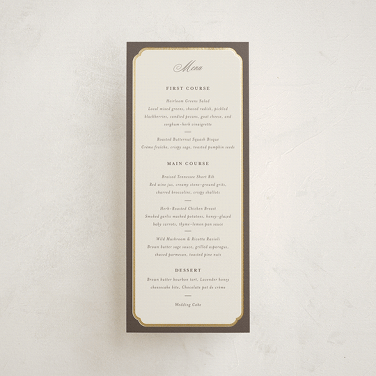 "Arch Frame" - Foil-Pressed Menus in Cognac by Emily Betts - Front