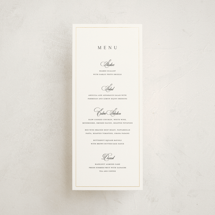 "Monogram Script" - Foil-Pressed Menus in Silk by Kelly Schmidt - Front
