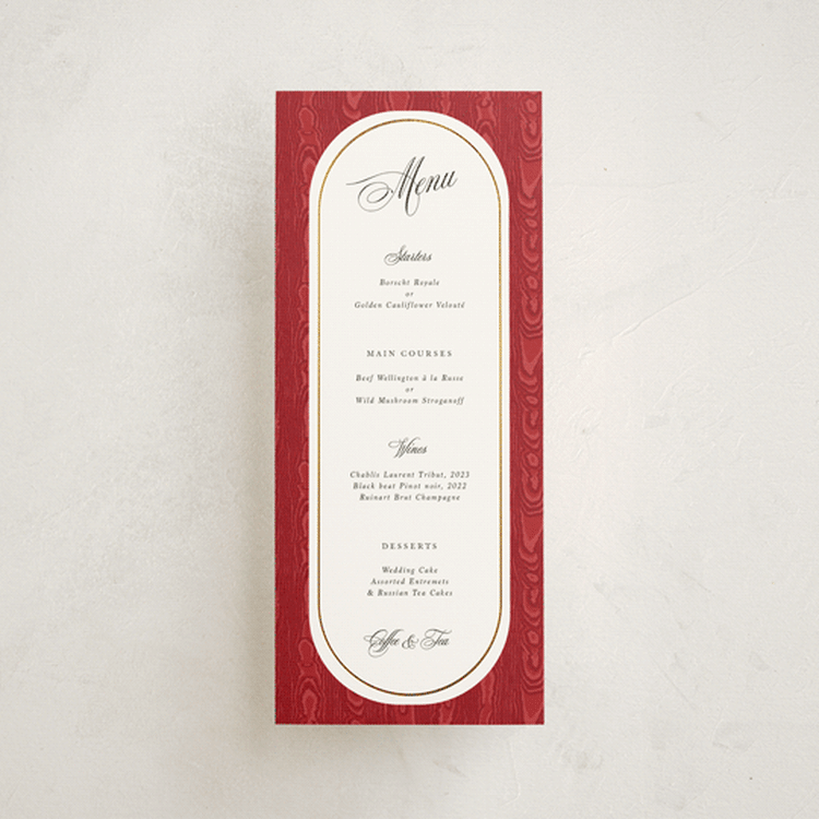 "Moiré" - Foil-Pressed Menus in Crimson by Studio Suku - Front