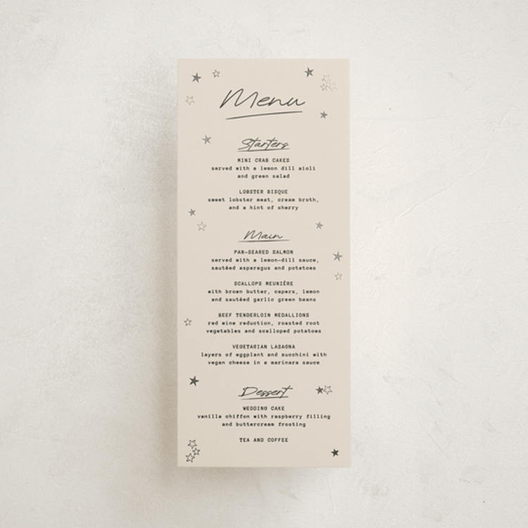 "Supernova" - Foil-Pressed Menus in Ecru by Jennifer Lew - Front