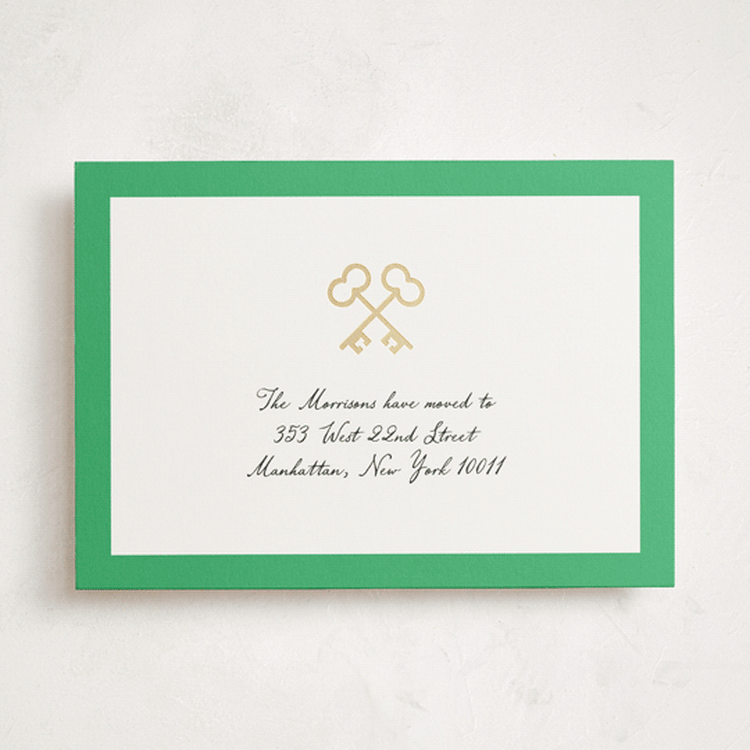 "Crossed Keys" - Foil-Pressed Moving Announcements in Grass by mo kelley - Front