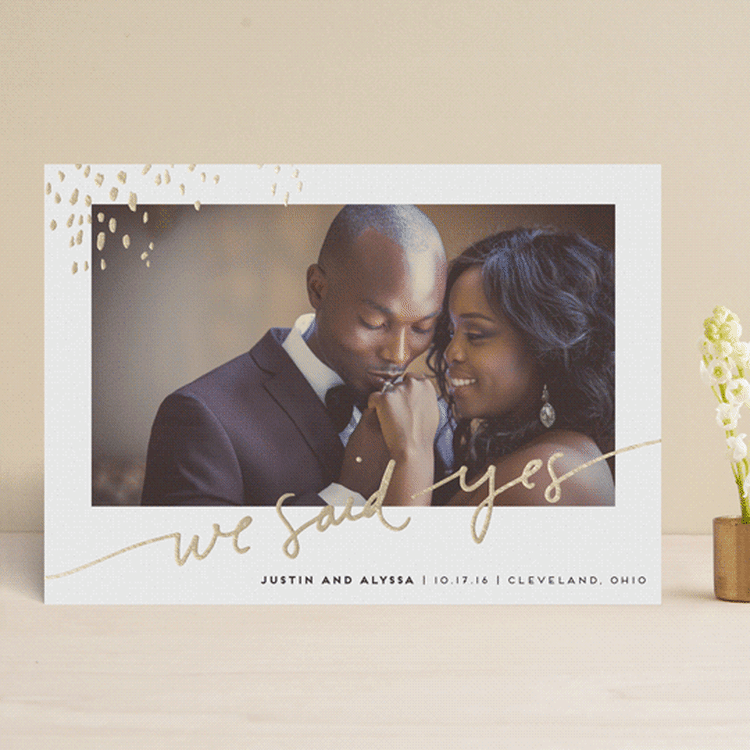 "Let Love Shine" - Wedding Announcements in Gold by Kelly Ventura - Front