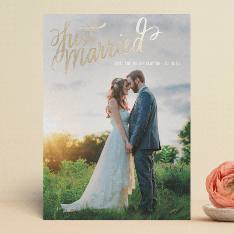 "Married Script" - Wedding Announcements in Gold by Rebecca Daublin - Front