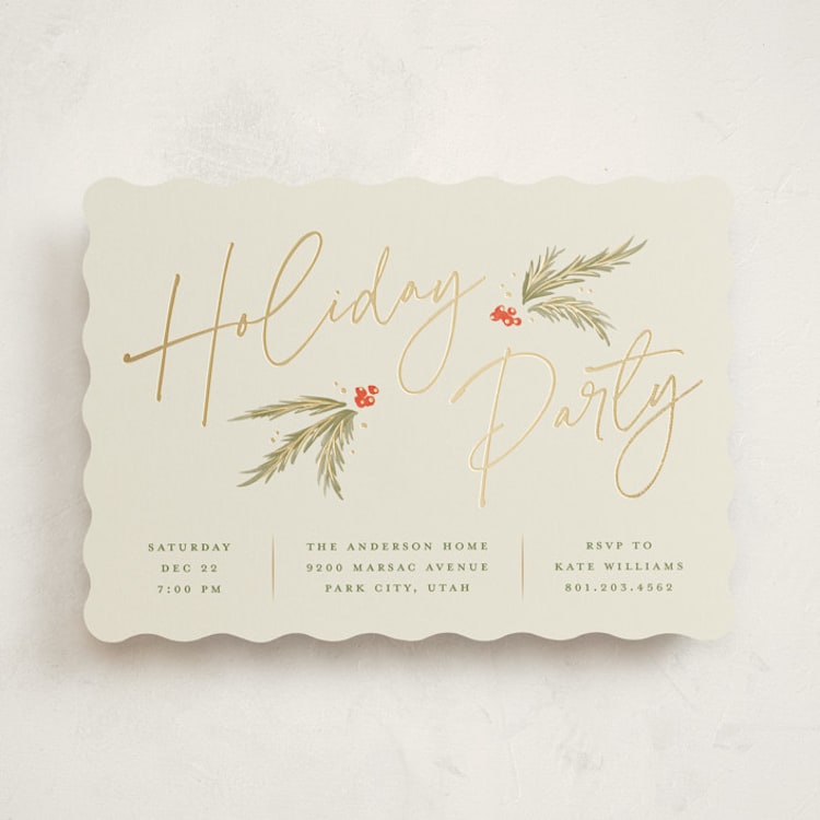 "Holiday Script" - Party Invitations in Cream by Robert and Stella - Front