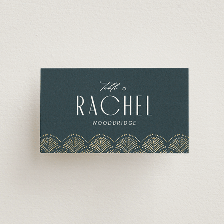 "Vitrola" - Foil-Pressed Party Place Cards in Teal by Tamara Hilje - Front with Free Guest Printing