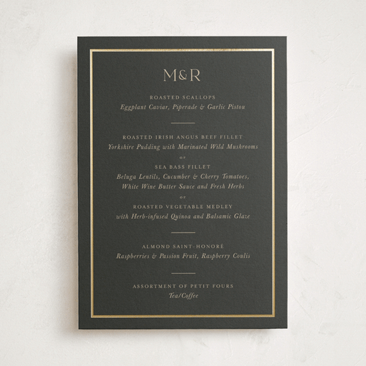 "Timeless Charm" - Foil-Pressed Party Menus in Charcoal by Lucrecia Caporale - Front