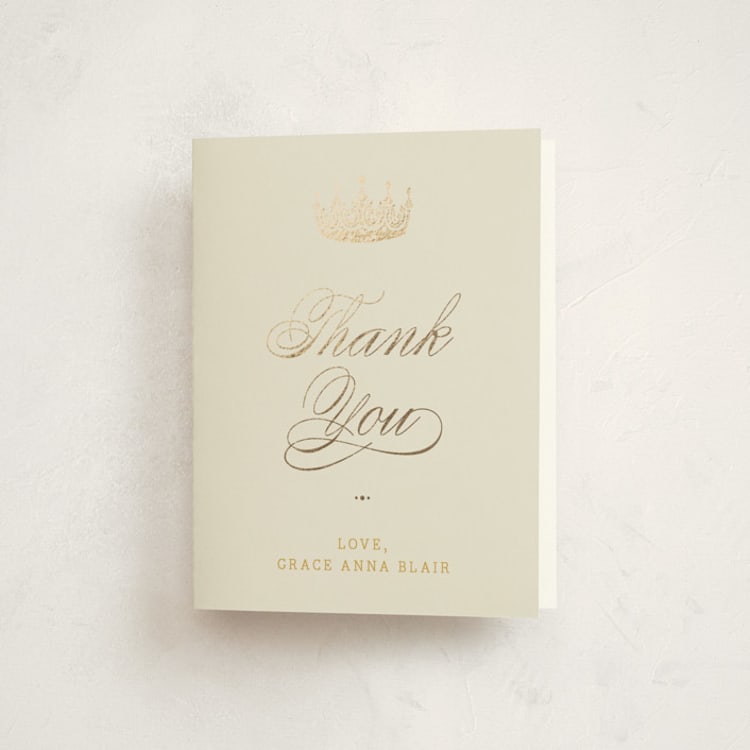 "Belle of the Ball" - Foil-Pressed Quinceanera Thank You Cards in Caramel by Yolanda Mariak Chendak - Front
