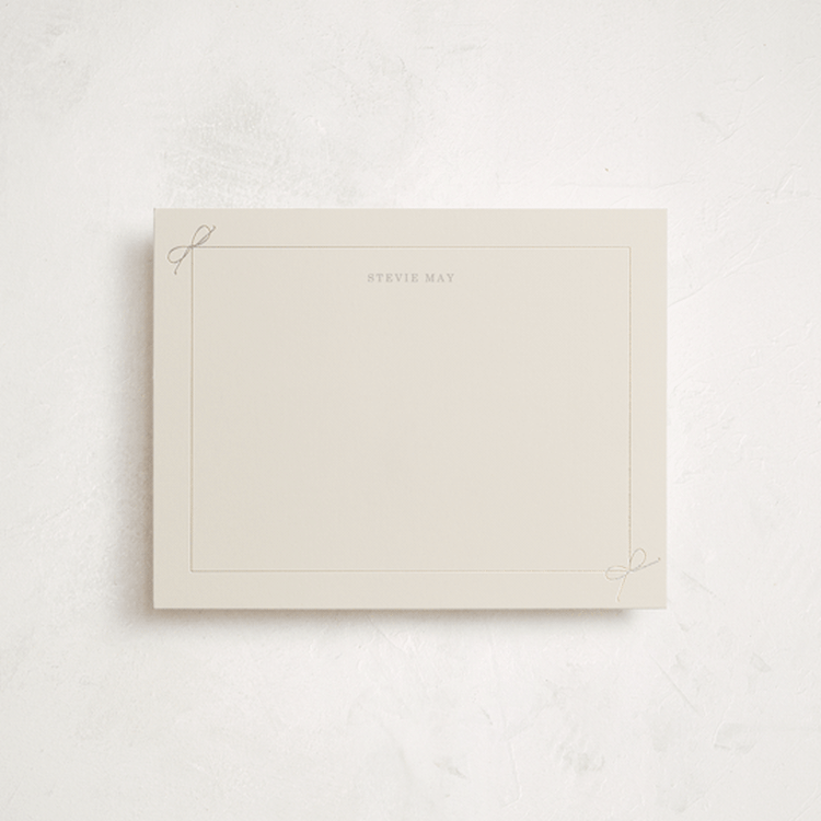 "Corner Bows" - Personalized Stationery Cards in Taupe by Baumbirdy - Front
