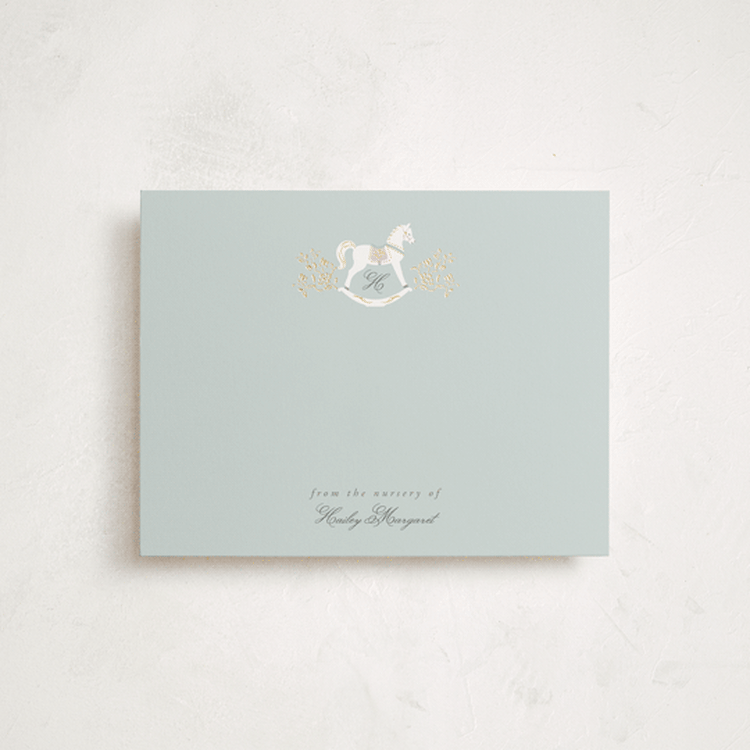 "The Heirloom Rocking Horse" - Personalized Stationery Cards in French Blue by Ana de Sousa - Front
