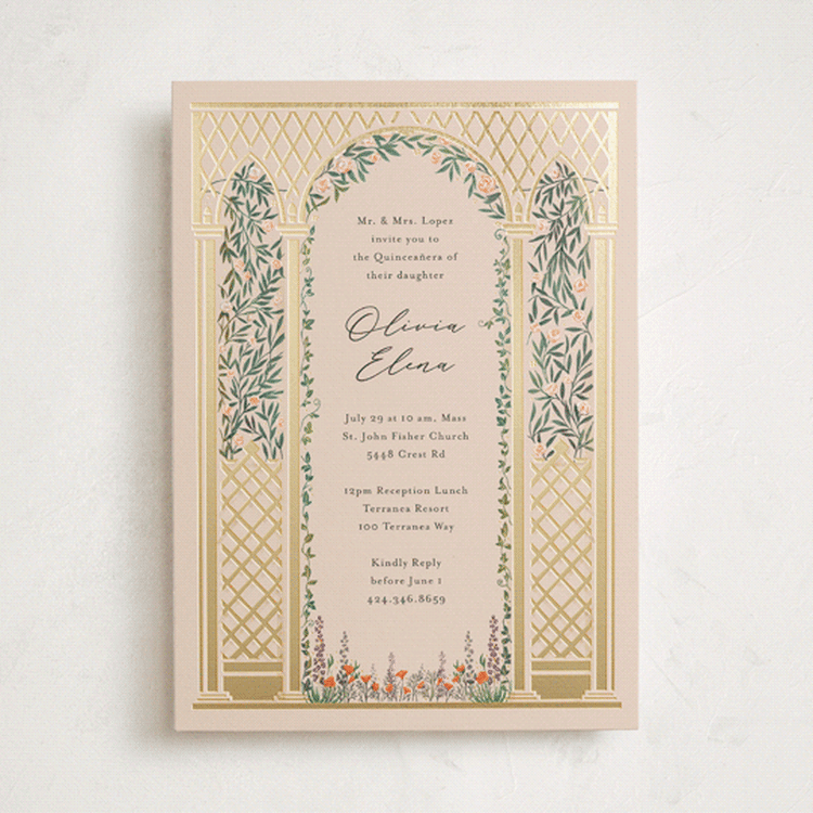 "Victorian Trellis" - Foil-Pressed Quinceanera Invitations in Sand by Becky Nimoy - Front