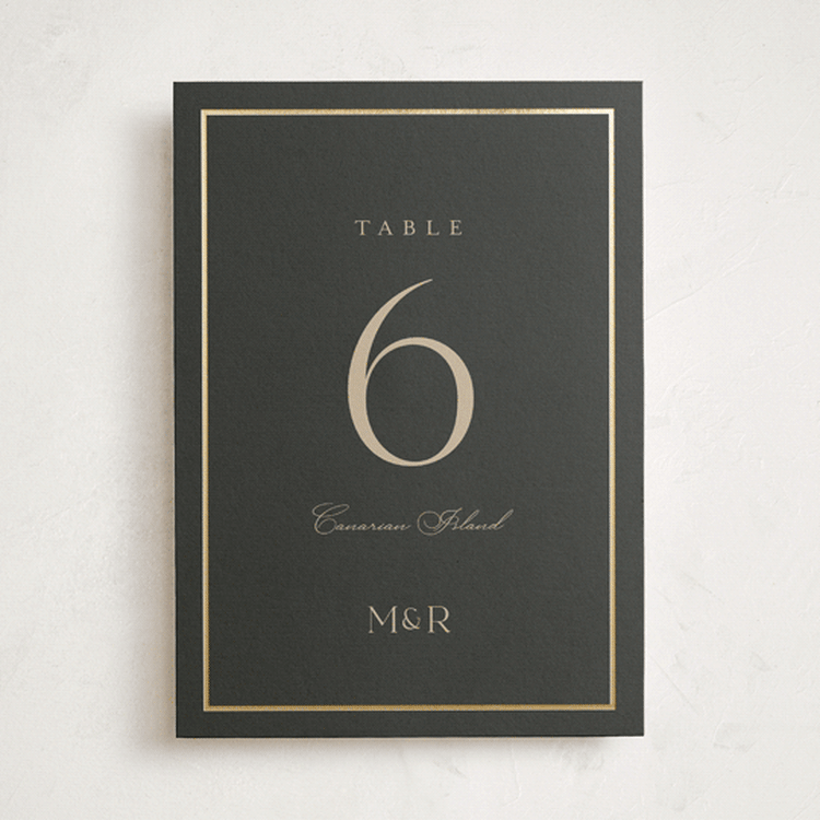 "Timeless Charm" - Foil-Pressed Party Table Numbers in Charcoal by Lucrecia Caporale - Front