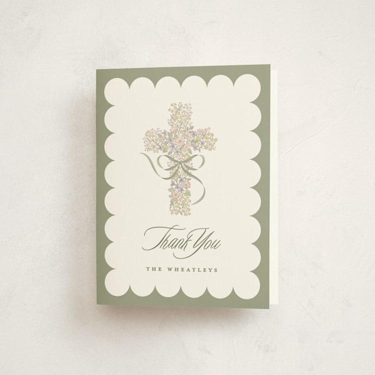 "Cottage Garden" - First Holy Communion Thank You Cards in Sage by Corinne Malesic - Front