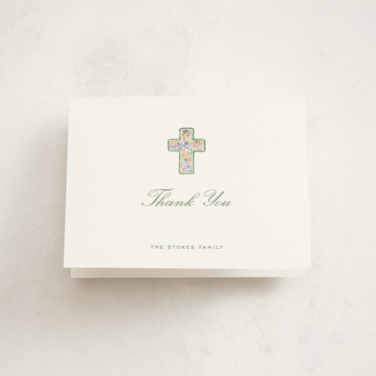 "Scalloped Cross" - First Holy Communion Thank You Cards in Marsh by Pati Cascino - Front