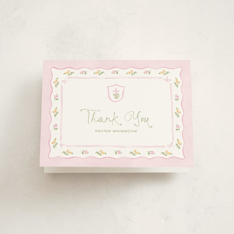 "Preppy garden" - First Holy Communion Thank You Cards in Watermelon by Creo Study - Front