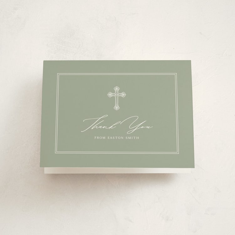 "Ornate Cross" - First Holy Communion Thank You Cards in Sage by Sarah Hawkins Designs - Front