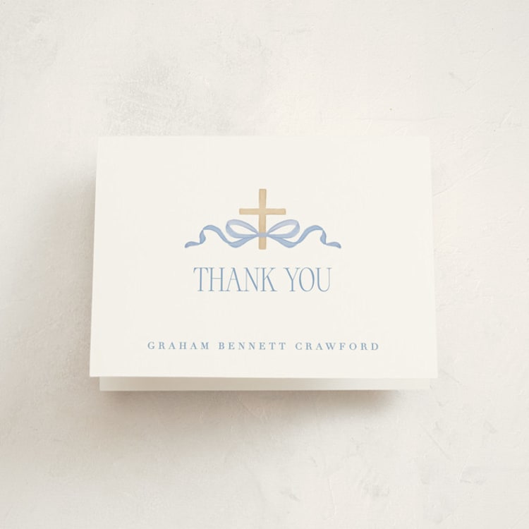 "Ribbon and Cross" - First Holy Communion Thank You Cards in Celestial by Olivia Raufman - Front