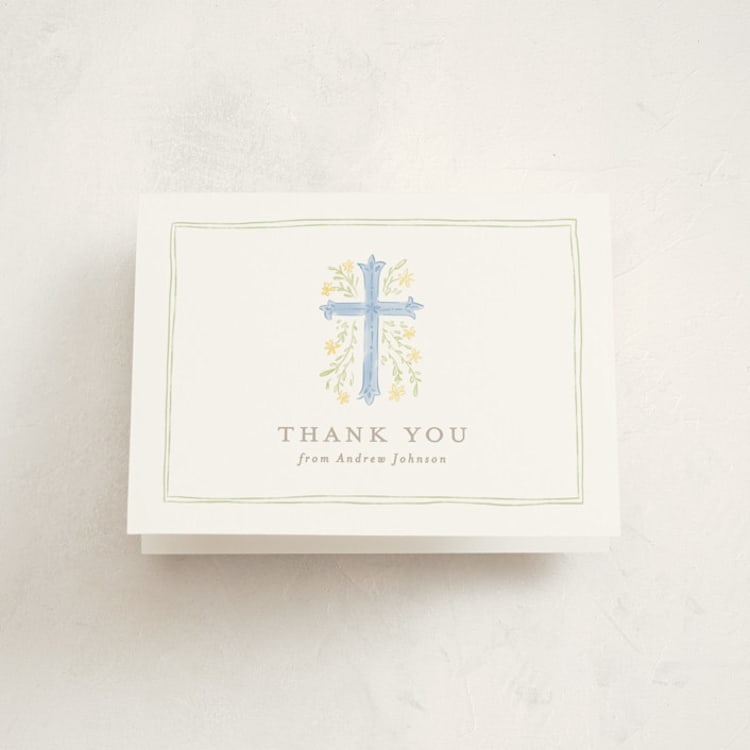 "Botanical Cross" - First Holy Communion Thank You Cards in Blue Jay by Creo Study - Front