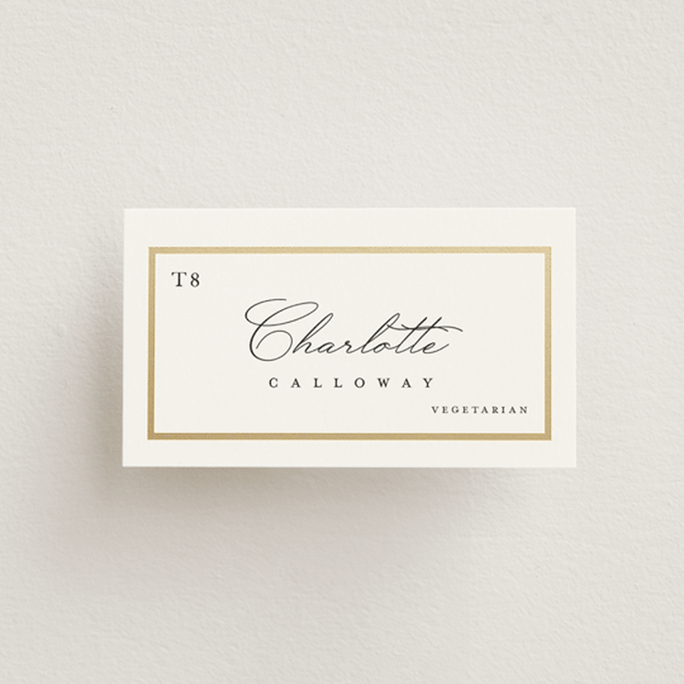 "Regal Frame" - Foil-Pressed Place Cards - Vegetarian in Ivory by Lucrecia Caporale - Front