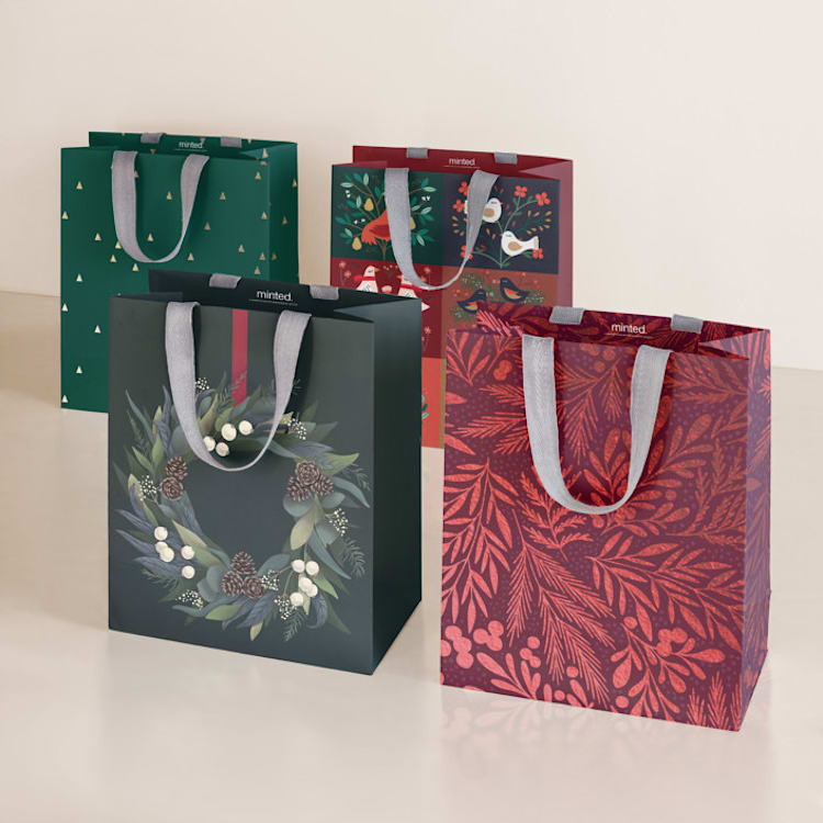 "Christmas Garland" - Gift Bag Collection in Crimson by Multiple Artists - Set of 4 designs