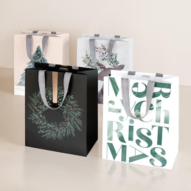 "Woodland Snow" - Gift Bag Collection in Pine by Multiple Artists - Set of 4 designs