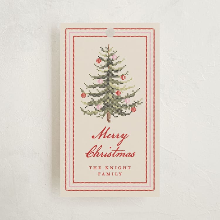 "Needlepoint Tree" - Gift Tags in Poinsettia by Sarah Knight - Front