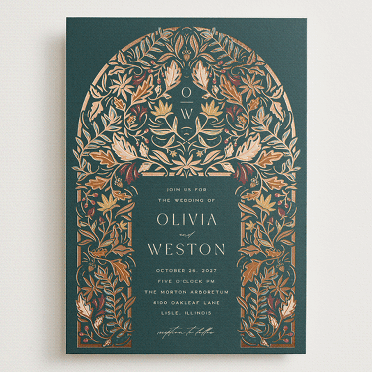 "Autumnal Arch" - Wedding Invitations in Deep Sea by Erin German - Front