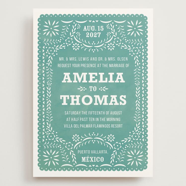 "Fiesta Folk Art" - Wedding Invitations in Lagoon by root beer float - Front