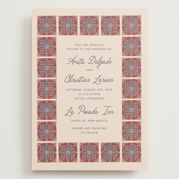 "Block Print Tile" - Wedding Invitations in Terracotta by Katharine Watson - Front