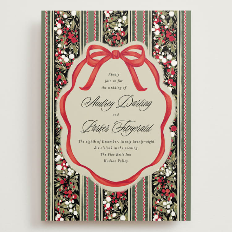 "Holiday Ribbon" - Wedding Invitations in Ruby by Jackie Crawford - Front