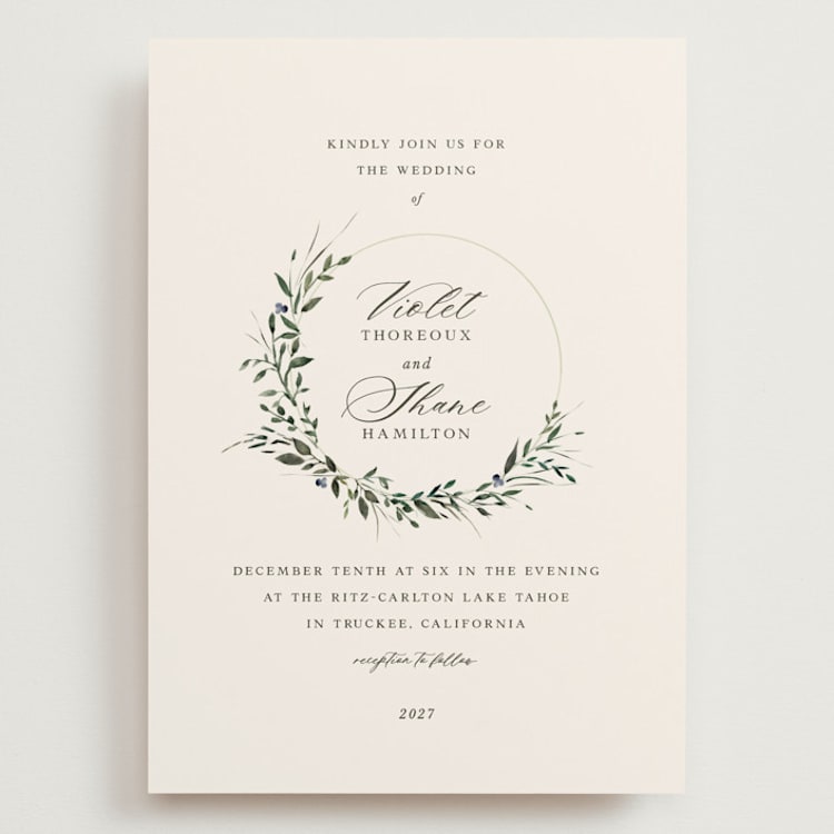 "Green Wreath" - Wedding Invitations in Champagne by Lori Wemple - Front