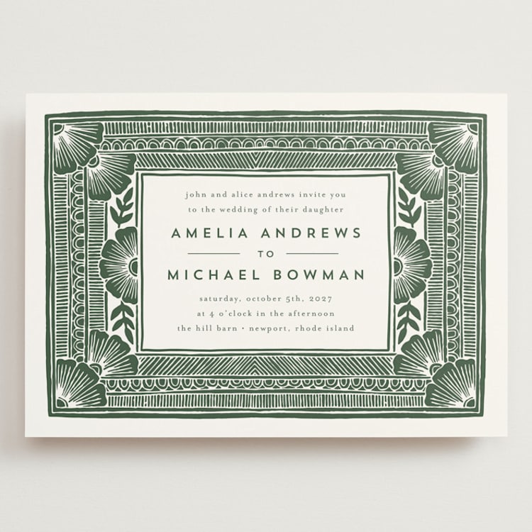 "Block Print Frame" - Wedding Invitations in Fern by Katharine Watson - Front