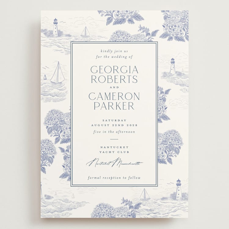 "Coastal Toile" - Wedding Invitations in Periwinkle by Jenna Holcomb - Front