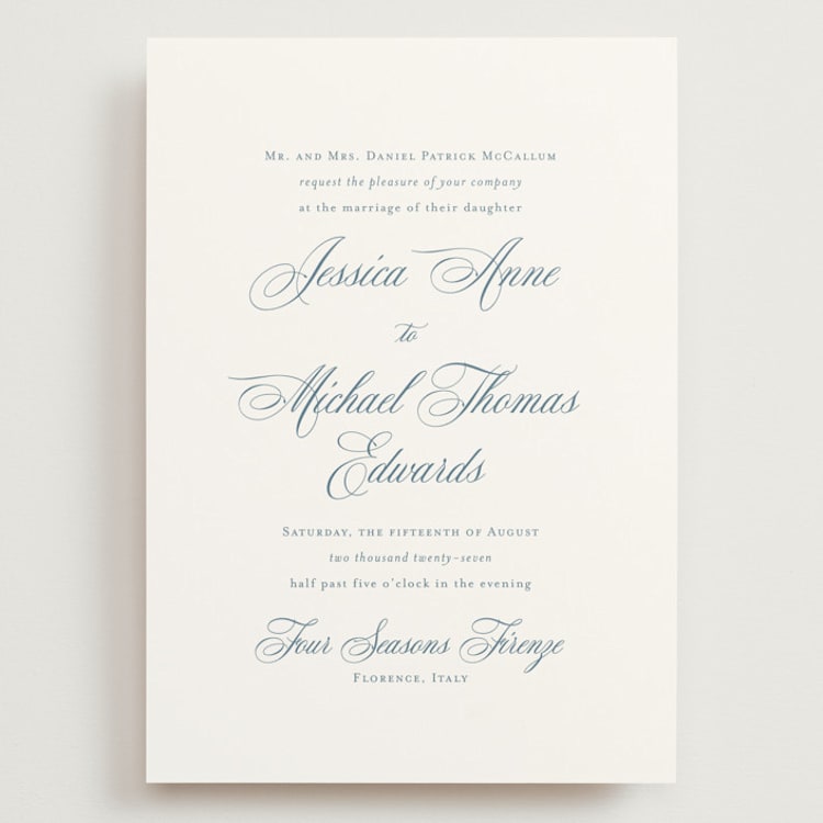"Empire" - Wedding Invitations in Dusty Blue by Jennifer Postorino - Front