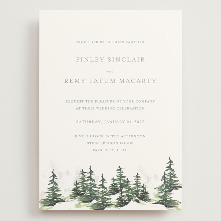 "On the Slopes" - Wedding Invitations in Fog by Mere Paper - Front