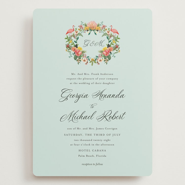 "Tropical Crest" - Wedding Invitations in Papaya by Susan Moyal - Front