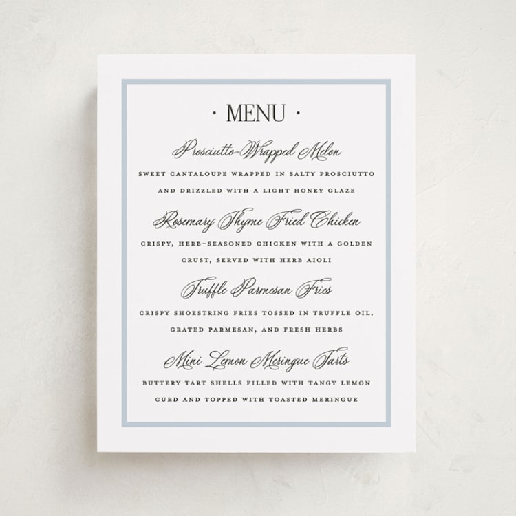 "Dotted Classic" - Graduation Menu Signs in Hydrangea by Carolyn MacLaren - Front
