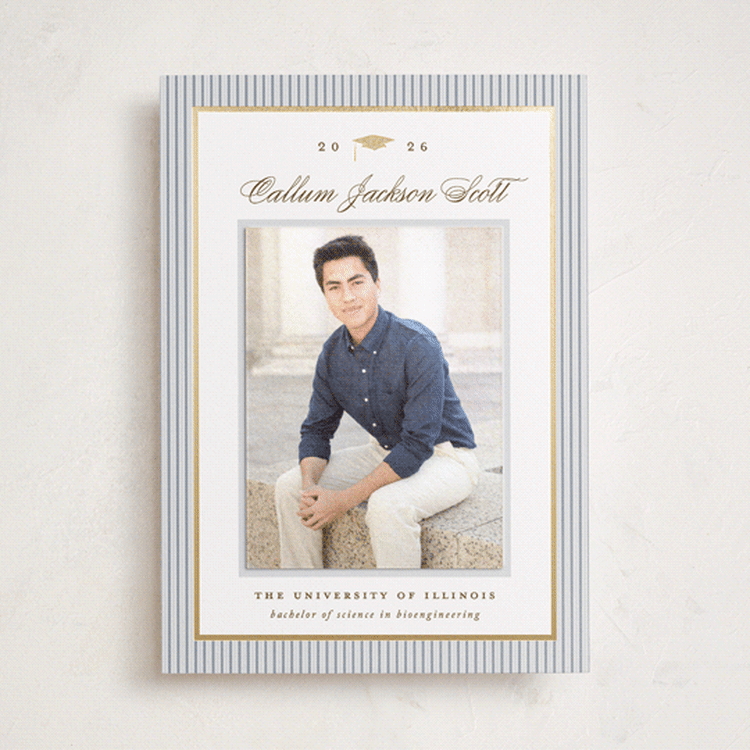 "Pinstripe Classic" - Foil-Pressed Graduation Announcement Photo Mount Cards in Granite by Laura Hankins - Front