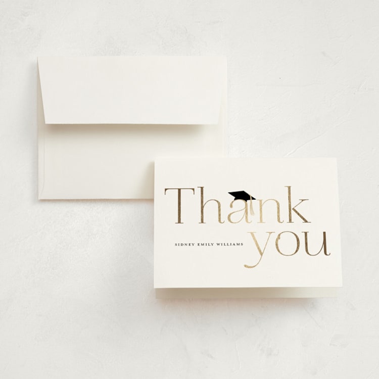 "Cap and year" - Foil-Pressed Graduation Thank You Cards in Cotton by Stacey Meacham - Front