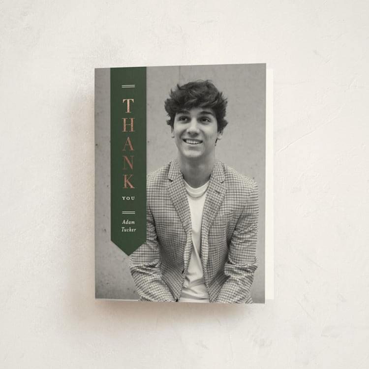 "Classic Sash" - Foil-Pressed Graduation Thank You Cards in Pine by Lauren Chism - Front