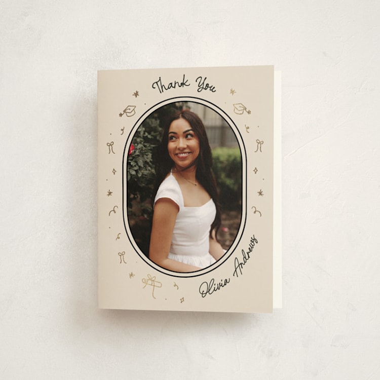 "Illustrated Grad" - Foil-Pressed Graduation Thank You Cards in Onyx by Ashley Iwafuchi - Front