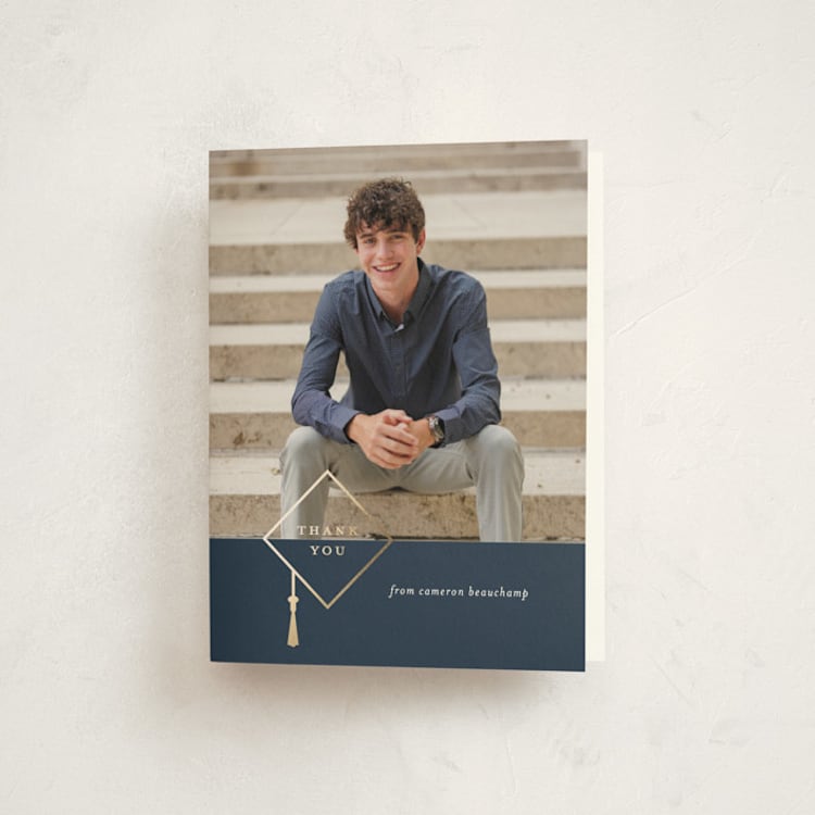 "Grad Grid" - Foil-Pressed Graduation Thank You Cards in Steel by Erica Krystek - Front