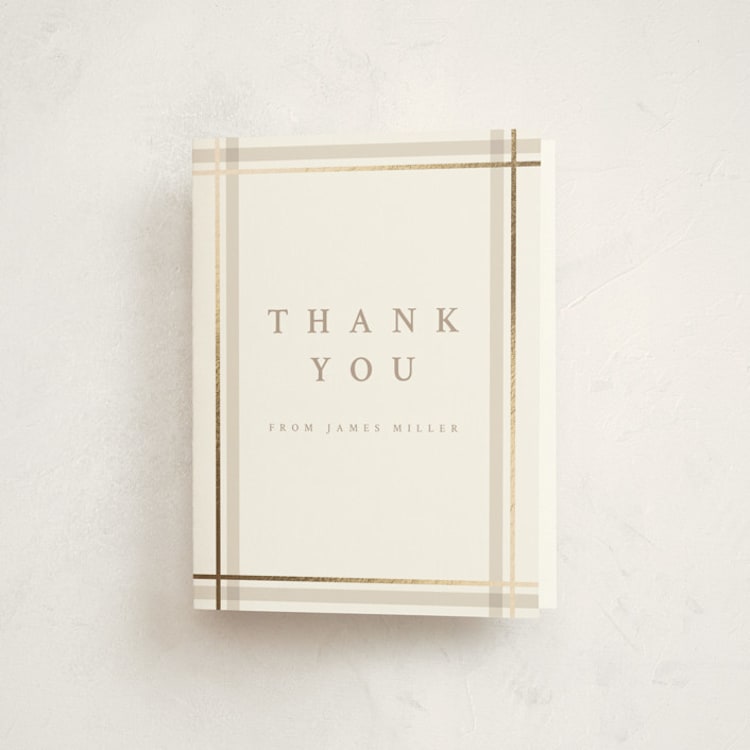 "Traditional Plaid" - Foil-Pressed Graduation Thank You Cards in Tan by Ashley Presutti Beasley - Front