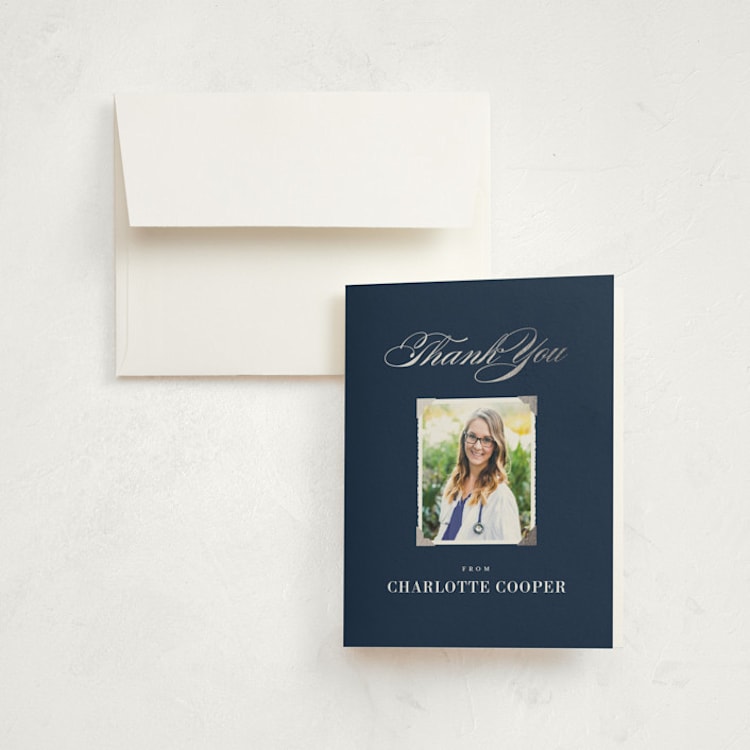 "Medical Degree" - Foil-Pressed Graduation Thank You Cards in Navy by Jill Means - Front