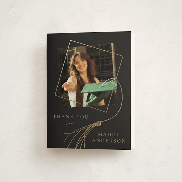 "Tassel Dance" - Foil-Pressed Graduation Thank You Cards in Chalkboard by Beth Murphy - Front