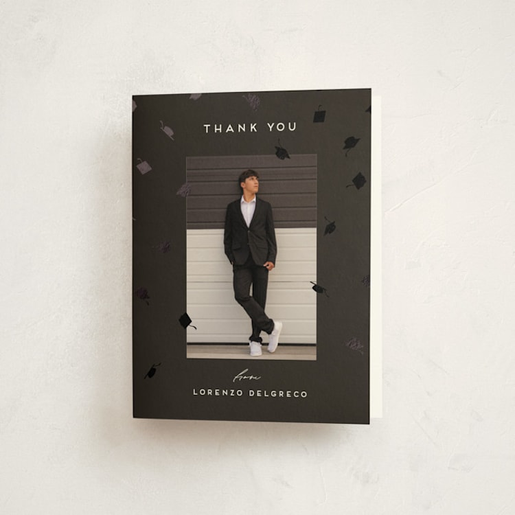 "Hats off grad" - Foil-Pressed Graduation Thank You Cards in Ardoise by Jamie Alexander - Front