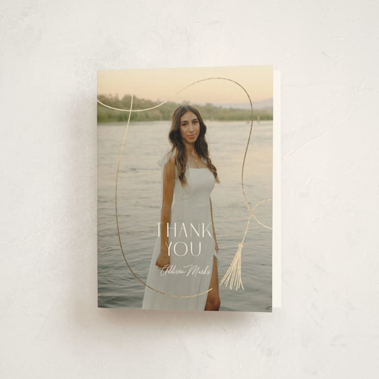 "Twirling Tassle" - Foil-Pressed Graduation Thank You Cards in Snow by Lauren Chism - Front